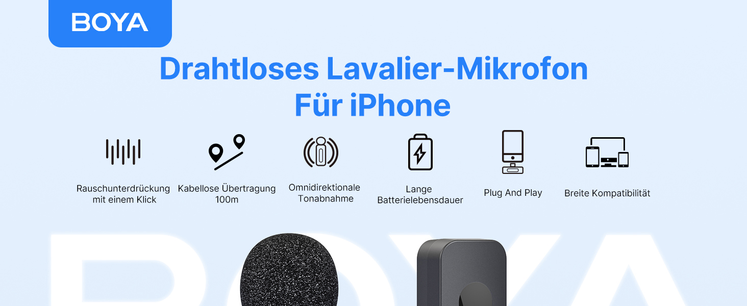 BOYA BY-V1: Бездротовий мікрофон-петличка для iPhone, Android, USB-C. Запис відео з шумозаглушенням, 48 КГц/16 біт, 9 годин роботи від акумулятора