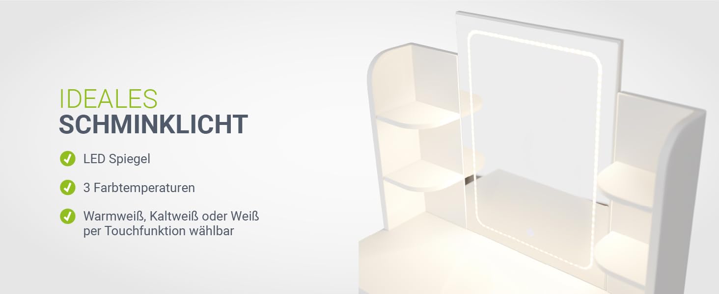 Туалетний столик Juskys Zoey з LED-підсвіткою, дзеркалом, шухлядою, 3 відділеннями та шафкою, 90x38x137 см, білий, дерев'яний косметичний стіл з LED-дзеркалом
