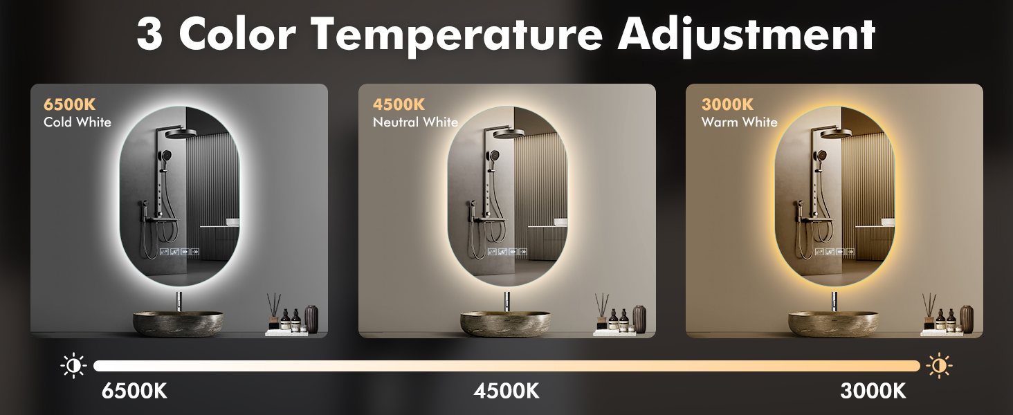 Дзеркало для ванної кімнати з підсвічуванням LED, 60 см, протитуманна функція, Bluetooth, сенсорний вимикач, регулювання яскравості, 3000K/4000K/6500K, HD-загартоване скло, 500x750 мм (овальне)