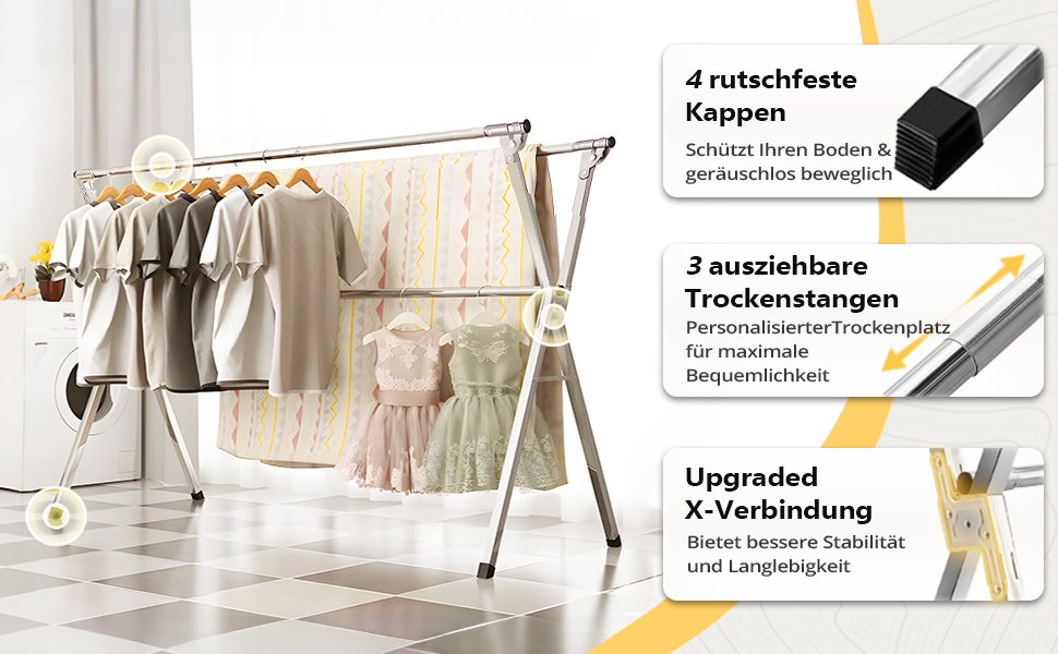 Сушарка для білизни URYAN 200 см, сталева, розкладна, для дому та вулиці, з 20 гачками, велика, стійка