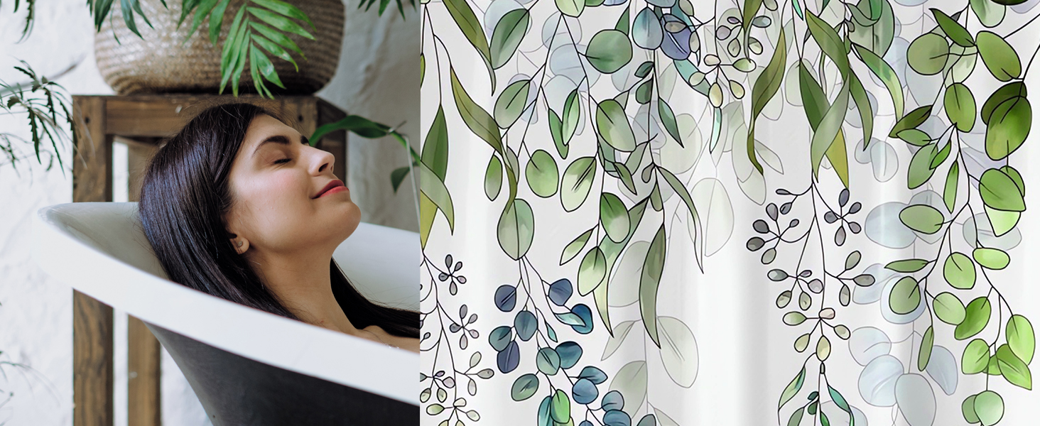 Штора для душу 300x200 см, зелені листки, антигрибкова, текстильна, з обтяженим краєм, водовідштовхувальна, поліестер, з кільцями та 16 гачками для ванної кімнати