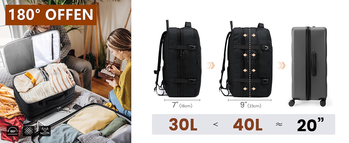 Рюкзак LOVEVOOK 30-40L для подорожей, чорний, з відділенням для ноутбука 17.3 дюйма, антикрадійний, ручна поклажа, розширюваний