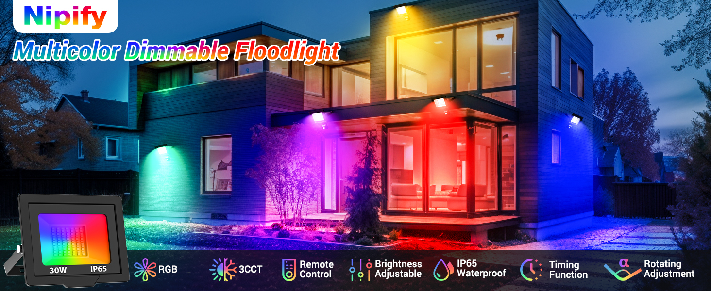 LED прожектори Nipify з датчиком руху для вулиці, 2 шт., 30W 3000Лм, IP65, холодне біле світло 6500K, кабель 100 см, для складу, саду, готелю, дворів (30W-RGB)