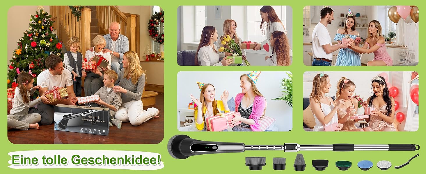 Електрична щітка для прибирання з 7 насадок, IPX7, регульована ручка, для ванної, кухні, підлоги, авто (чорний, сірий)