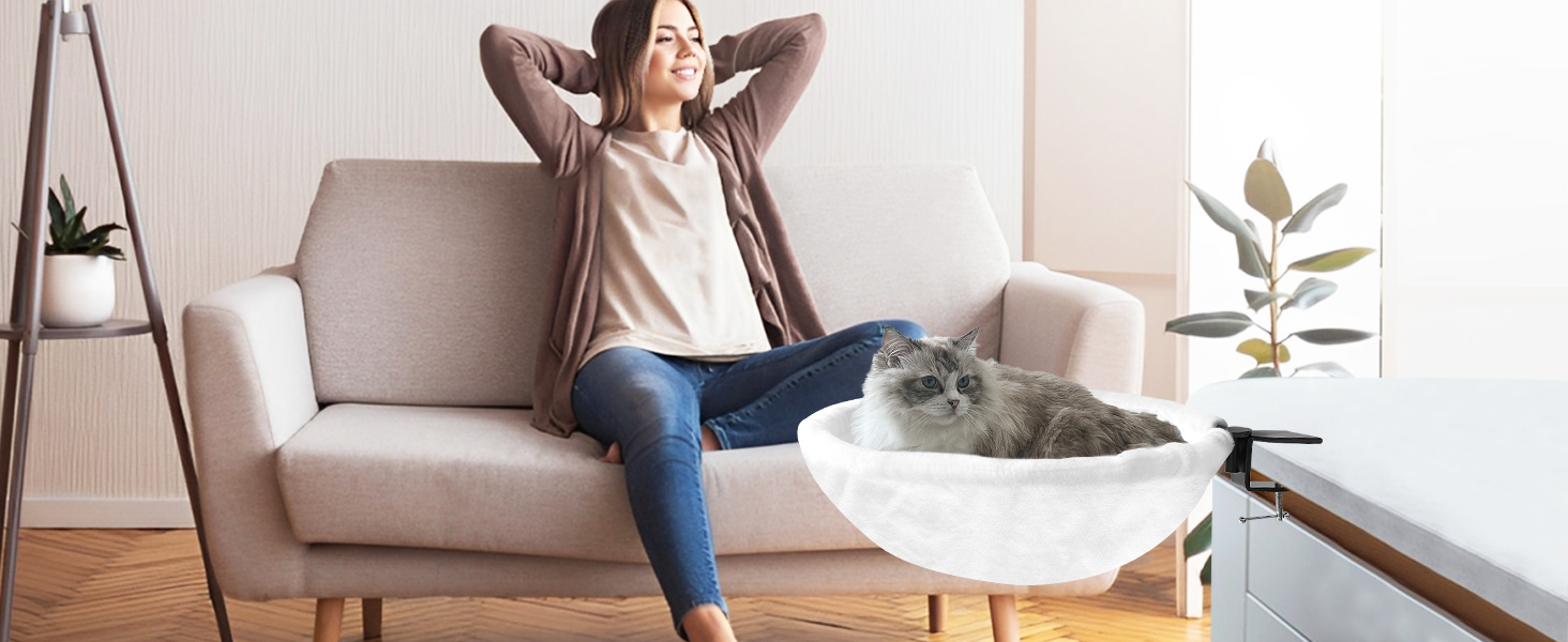 Ліжко-стіл для котів Homegroove, велике та економне, до 23 кг, м'яка гамак з штучного хутра для офісу та геймерів, знімне та пральне (біле)
