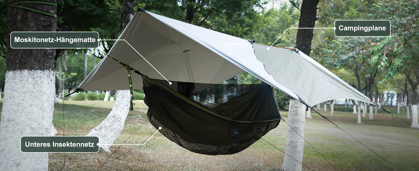 Гаммак для кемпінгу з москітною сіткою та стропом, великий на 2 особи, 290 x 140 см, легкий, для відпочинку на природі, походів, подорожей та рюкзаків, колір: оливковий