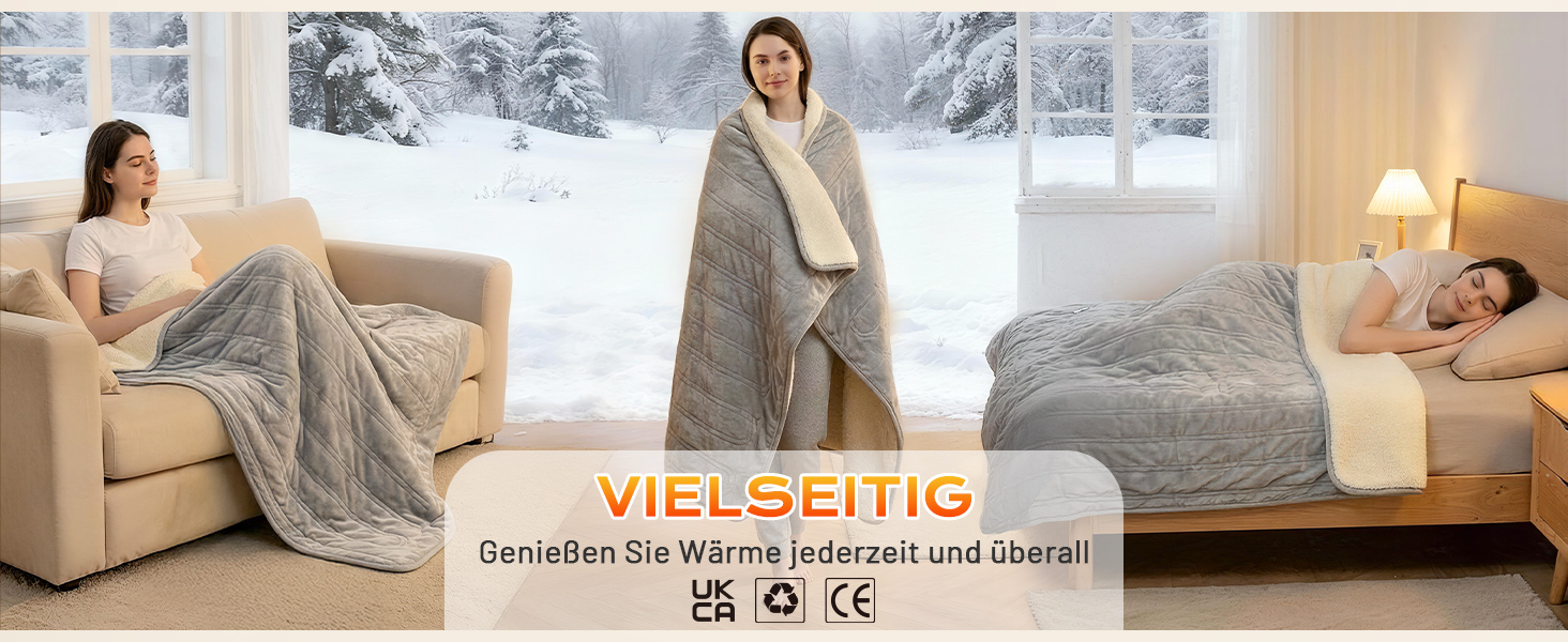 Електрична ковдра з автовимкненням 130x180 см, 8 режимів нагріву, захист від перегріву, двостороння, для ліжка/софи, сіра