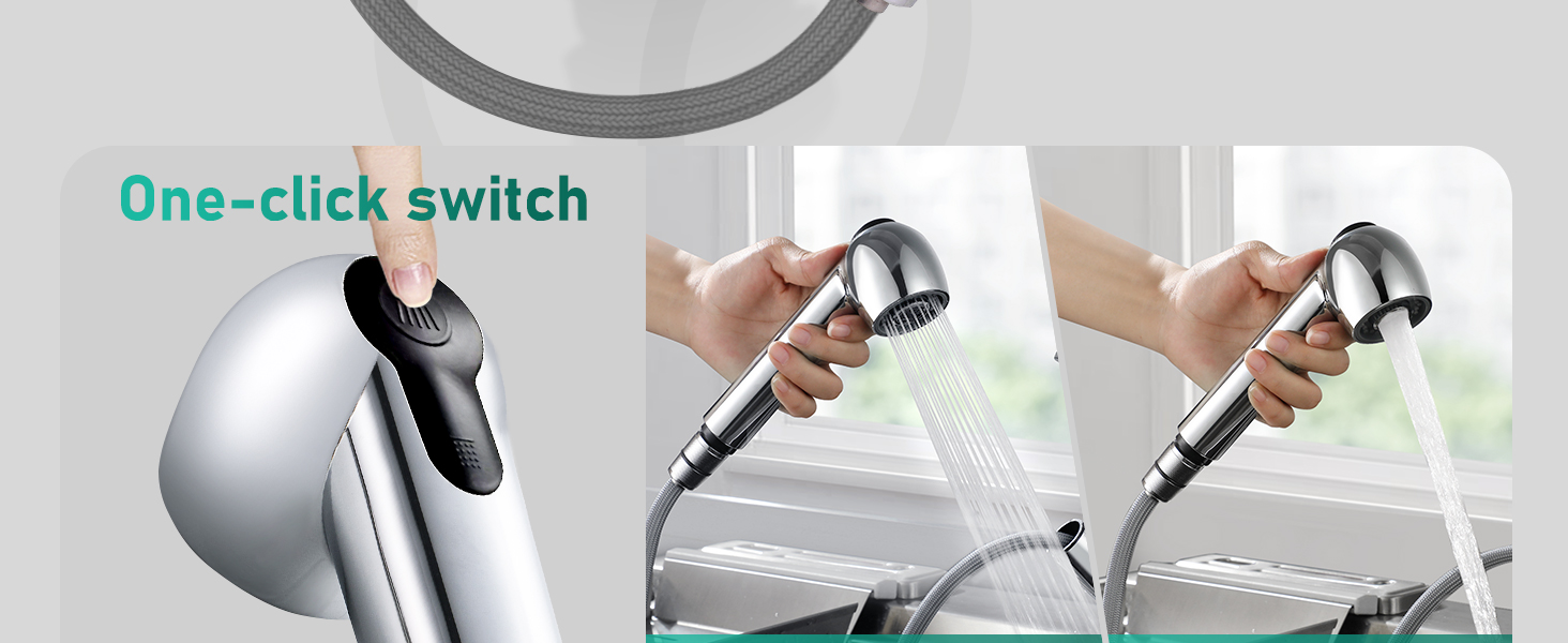 Змішувач кухонний висувний BONADE з подвійною виливом, поворотний на 360°, для кухні, з однією ручкою, хром