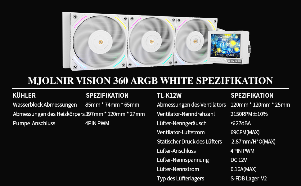 Thermalright Mjolnir Vision 360 ARGB White - СВО для CPU з IPS LCD дисплеєм 320x240, AM5/LGA 1700/1851, 360 мм, MV360 ARGB WHITE