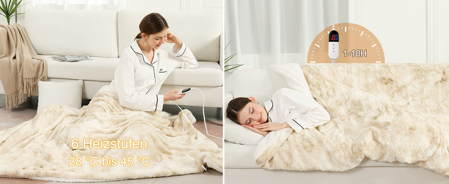 Електрична ковдра COZYTY 150x200 см з підігрівом, фланель, 6 режимів нагріву, таймер, захист від перегріву, пральна машина, молочно-білий колір