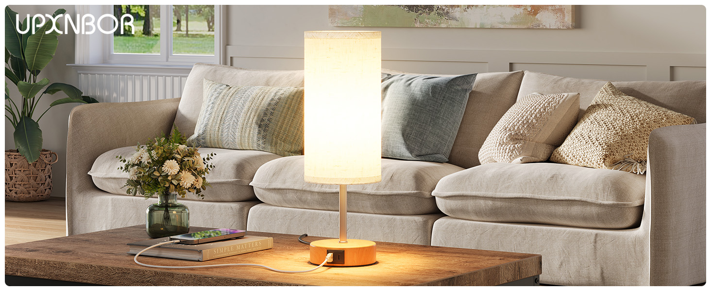 Нічна лампа UPXNBOR з USB-A та USB-C зарядкою, торшер з сенсорним керуванням та 3 рівнями тепла, для спальні та вітальні (E27 лампочка в комплекті), тканинний абажур