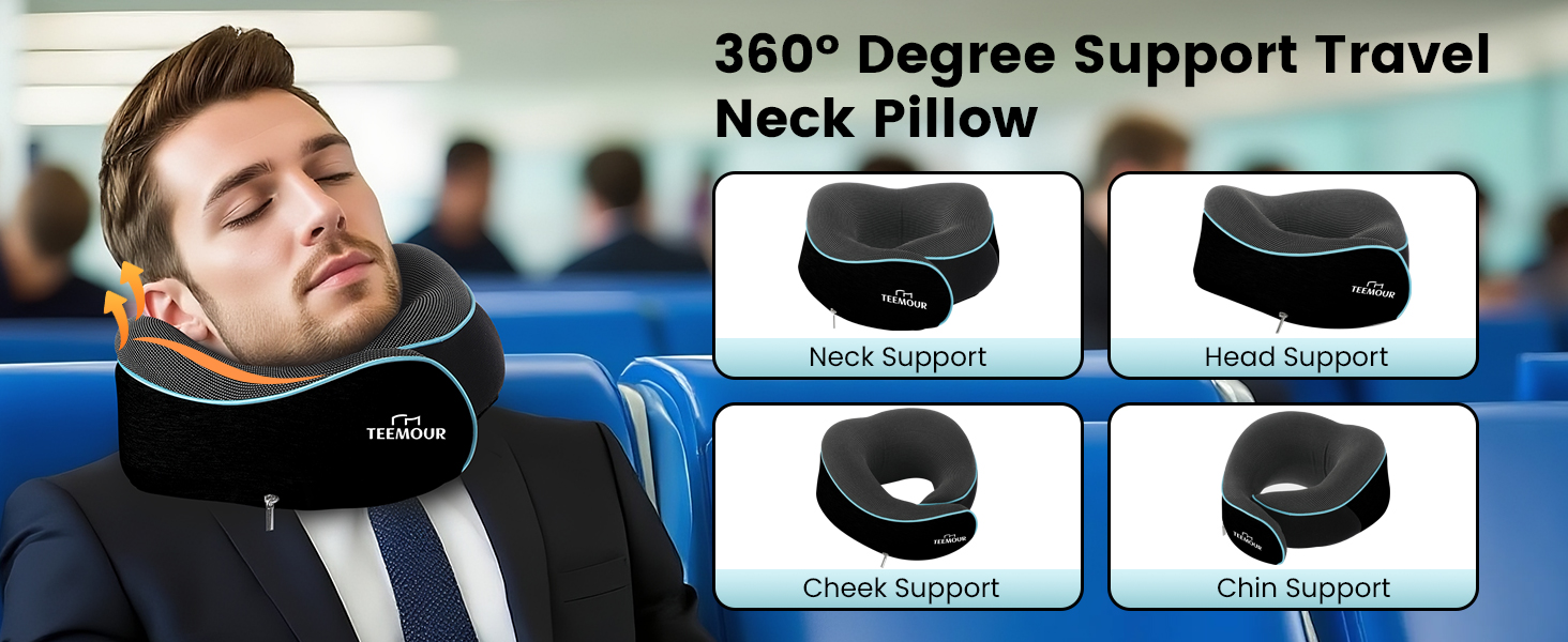Подушка для шиї у літак з Memory Foam, 360° підтримка, з чохлом, маскою для очей та берушами, регульована подушка для подорожей (Чорний)