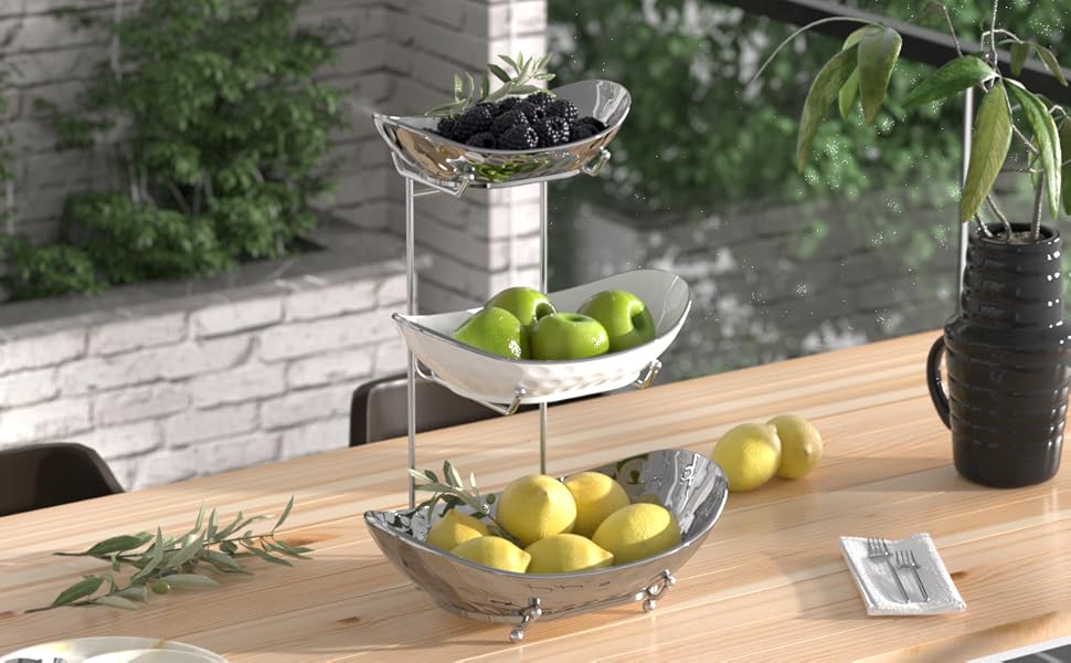 Набір для фруктів та овочів Acliys 3 яруси з кераміки, набір для кухні, порцелянові миски для зберігання фруктів, овочів, снеків, десертів, тортів, тарілка-решітка для вечірки, весілля, сріблястий