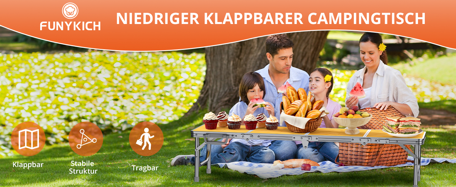 Складний кемпінговий стіл FUNYKICH 116x40x26 см, жовтий - алюмінієвий, MDF стільниця, з сумкою для перенесення