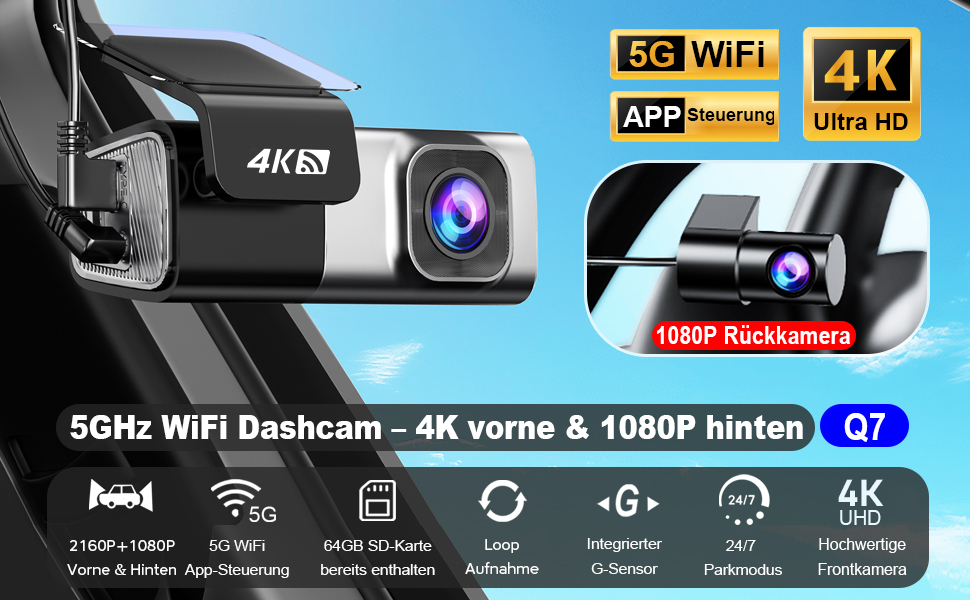 Автомобільний відеореєстратор Navycrest 4K + 1080P (передній та задній), 5GHz WiFi, 64GB SD карта, нічна зйомка, WDR, G-сенсор, паркування 24/7, циклічний запис, керування через додаток