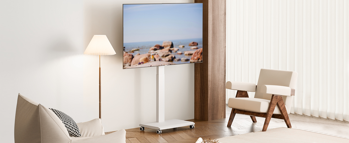 FITUEYES Rolling TV Stand - Mobile TV Cart for 32-75 inch Plasma/LCD/LED TVs - Adjustable Height, Swivel ±30°, Tilt 10°-40° - VESA 600x400mm - White