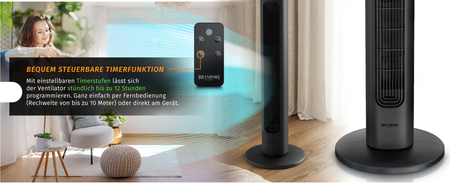 Вентилятор підлоговий Brandson з LED дисплеєм та пультом дистанційного керування - 3 швидкості, поворотний, надтихий
