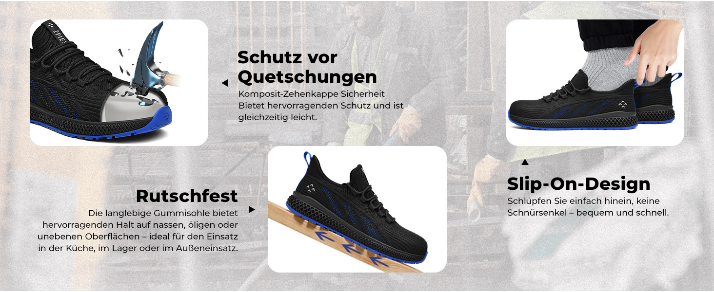 Робочі черевики SPIEZ для чоловіків та жінок, легкі, slip-on, з дихаючою сіткою, захист пальців Composite, неслизькі для складу, промисловості та повсякденного використання, чорно-сині, розміри EU35-46 (41 EU)