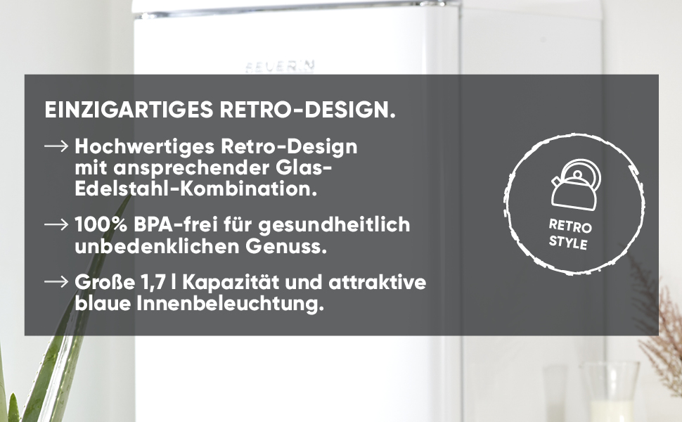 SEVERIN WK 3459: Ретро чайник зі скла та нержавіючої сталі, 1.7л, електричний