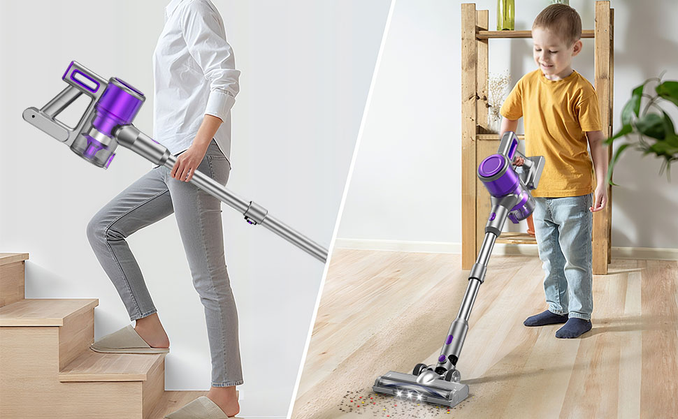 Бездротовий акумуляторний пилосос 35KPA/45Mins з LED-підсвічуванням, HEPA-фільтром та насадкою для підлоги, для тварин, килимів та твердих поверхонь, фіолетовий