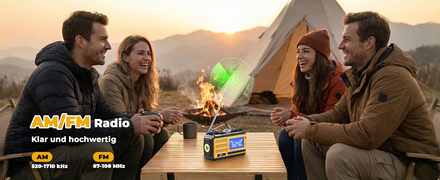 Радіоприймач Esky Kurbelradio з сонячною батареєю, 10000mAh, AM/FM, USB-зарядка, LED-ліхтарик, SOS-сигнал, компас, для кемпінгу та надзвичайних ситуацій, жовтий
