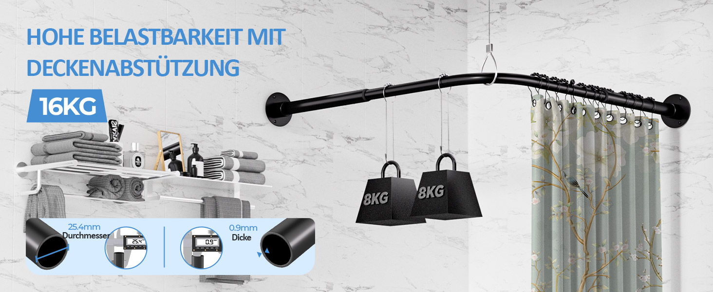 Штанга для душу L-подібної форми, регульована 60-134 см, з кріпленням для штори та опорою для стелі, чорна. Підходить для ванни/ванної кімнати. Потрібно свердління.