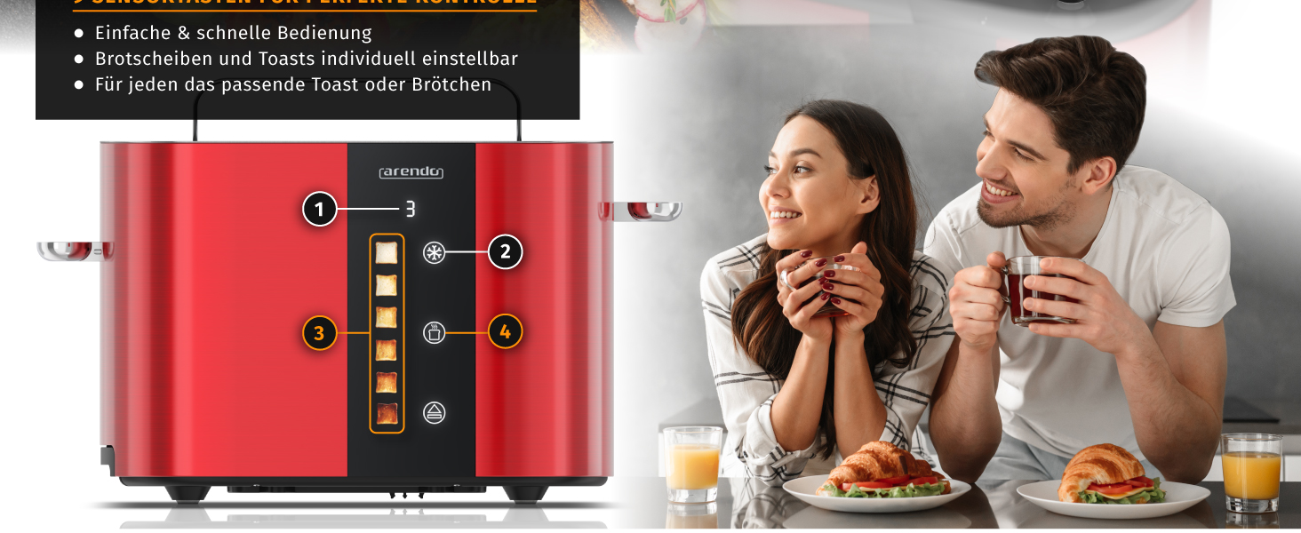 Тостер Arendo з нержавіючої сталі, 2 відділення, сенсорний дисплей, подвійні стінки, 800 Вт, підставка для тостів, 6 рівнів підсмажування, центрування хліба, індикатор часу, функція пам'яті (колір: кармінний)