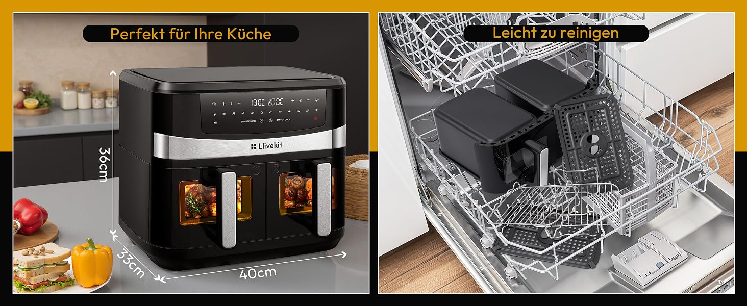 Аерофритюрниця LLIVEKIT з двома камерами 2x4,5л (10л), 8 програм, 4D конвекція, енергоощадна, чорна