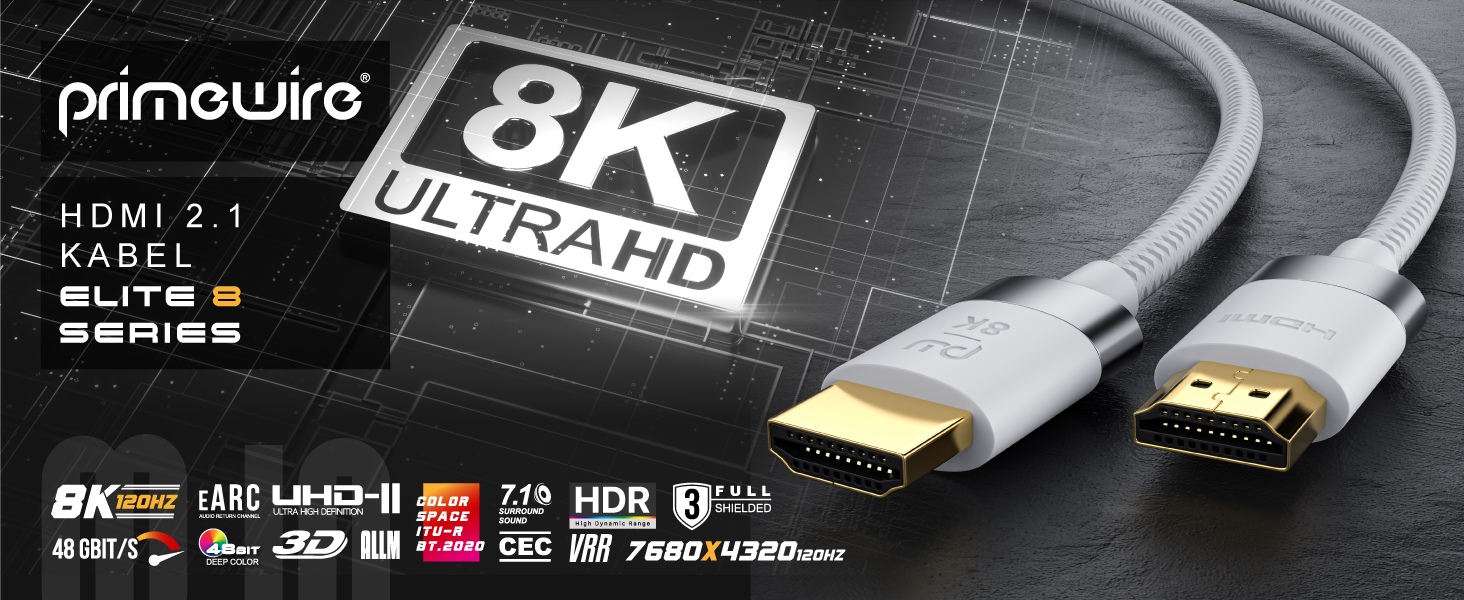 HDMI 2.1 кабель 2 метри - 8K@60Hz/120Hz, 4K@240Hz, 48 Gbit/s, 3D, Ethernet, для PS5, Xbox Series X, Switch, білий