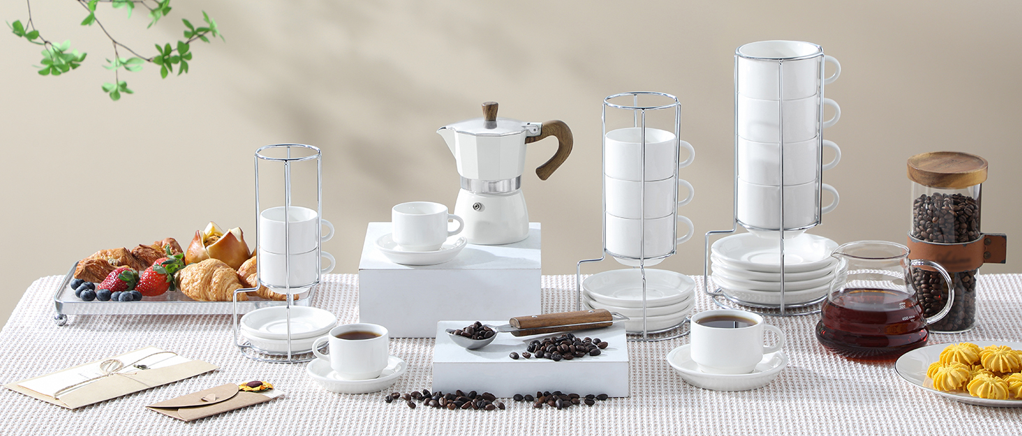 Набір чашок еспресо MALACASA 4 шт., 75 мл, з підставками та стійкою, біле порцелянове виробництво Італії, сумісні з посудомийною машиною, серія Regular 75 мл