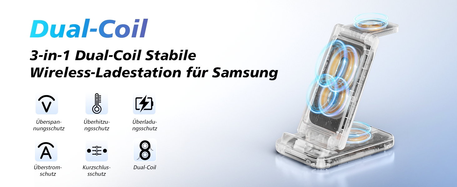 Бездротова зарядка 3-в-1 для Samsung: станція з подвійною котушкою, захистом від перевантаження та портативним дизайном для смартфонів, смарт-годинників та навушників