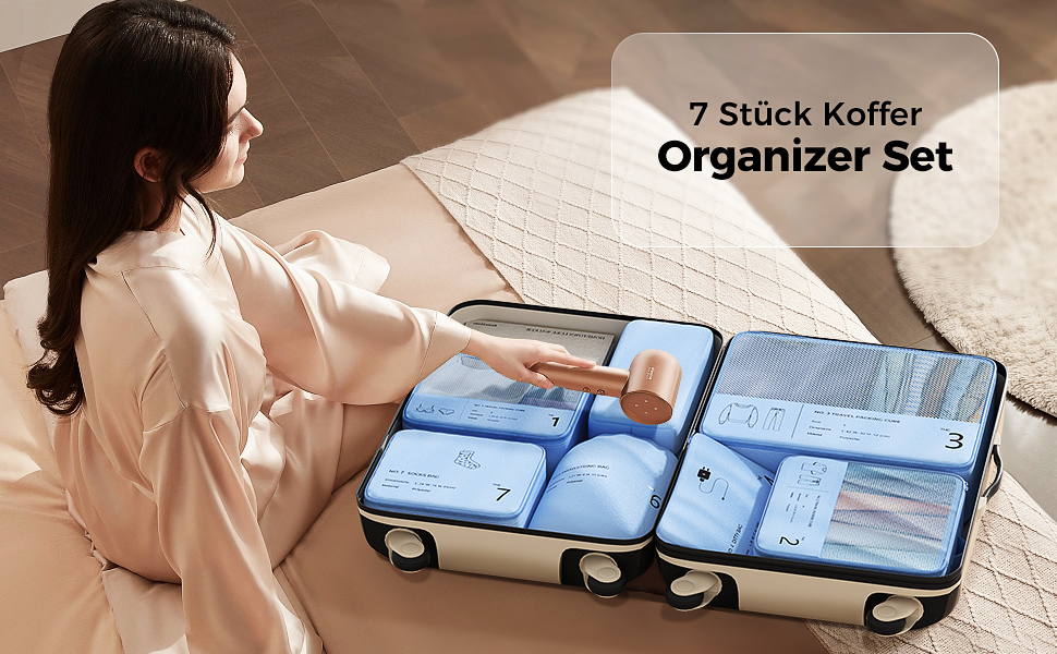 Організатор для валізи Yomisee, набір з 7 частин: Packwürfel Set, сумки для одягу в подорож, органайзер для валізи (блакитний)