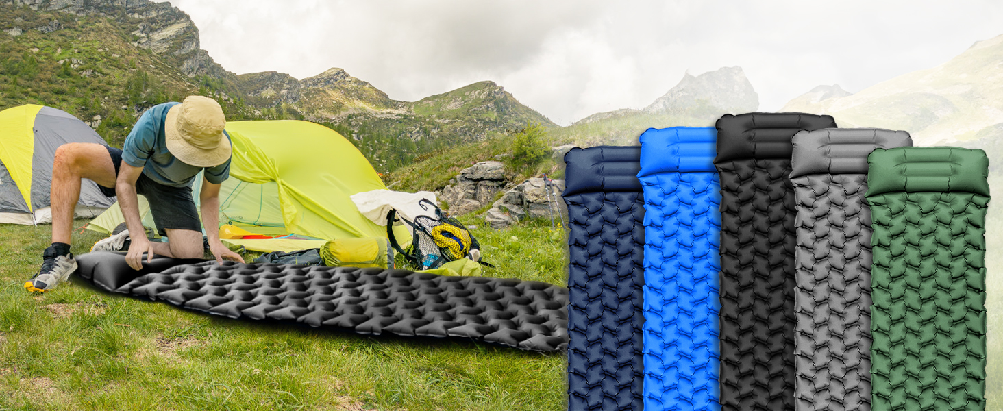 Ultralight Inflatable Camping Mat with Pillow - Waterproof Folding Air Mattress for Camping, Hiking, Travel & Backpacking - Black