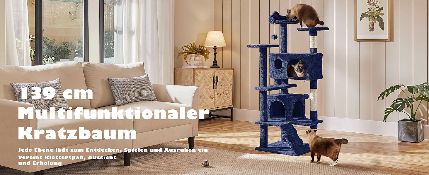 Кігтеточка-кольоротка для котів Yaheetech, 139 см, з 3 платформами, 3 стовпчиками для заточування, 2 будиночками, м'ячиками, блакитний (49 x 49 x 139 см)