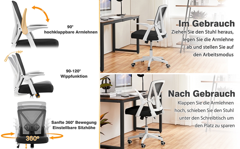 Офісне крісло Yaheetech з підйомними підлокітниками, сітчасте, ергономічне, з підтримкою попереку, функцією гойдання та регулюванням висоти (біле)