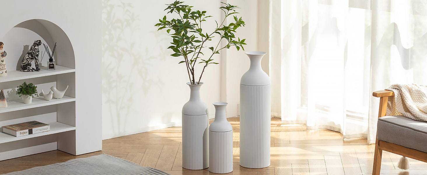 Large White Metal Floor Vase - Modern Textured Design, 68/51/41cm - Perfect for Pampas Grass, Living Room, Bedroom, Fireplace & Entryway