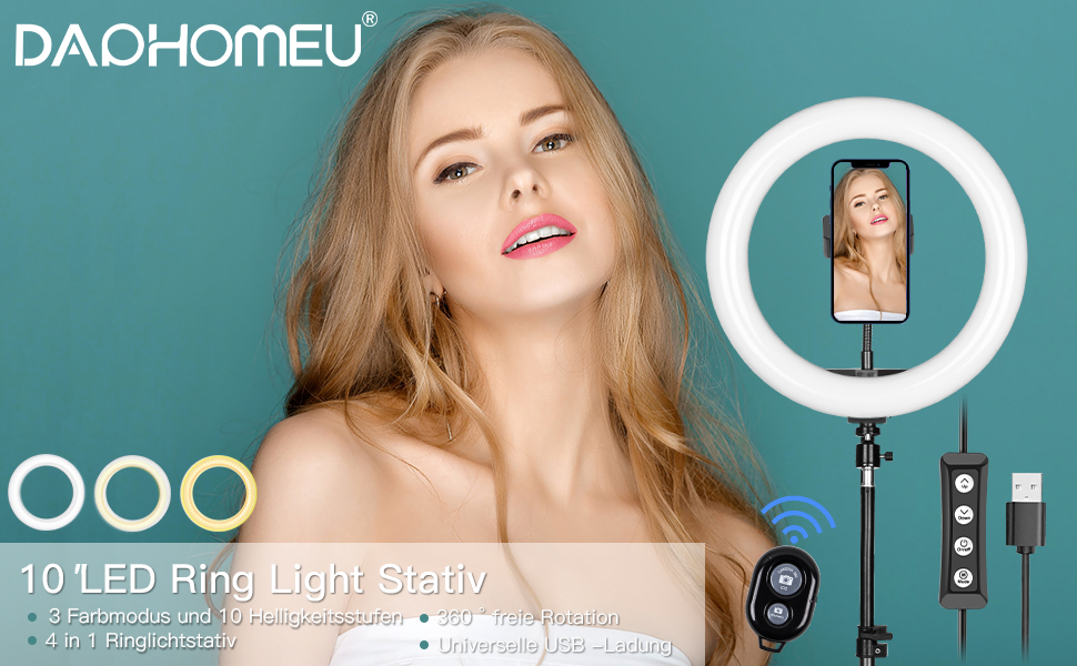 LED кільцева лампа з штативом для телефону, 10 дюймів, з пультом дистанційного керування та подвійним тримачем для телефону, 3 кольори та 10 рівнів яскравості для YouTube, TikTok, фотографії, трансляцій в прямому ефірі [настільний штатив включено]