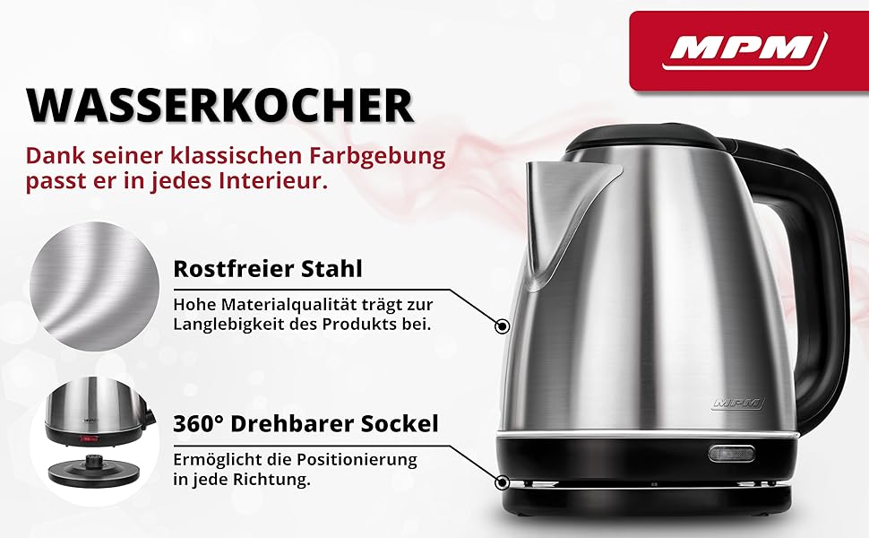 Електричний чайник MPM MCZ-85/G1, 1.7 л, без BPA, бездротовий, 360° обертання, антинакипний фільтр, автовимкнення, чорний, 2200W, нержавіюча сталь