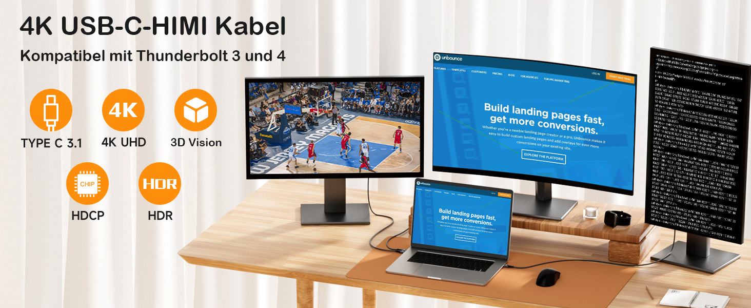 Кабель USB-C на HDMI 4K 2м, USB Type-C - HDMI, плетені, Thunderbolt, сумісний з iPhone, MacBook, iMac, iPad, Samsung, Dell