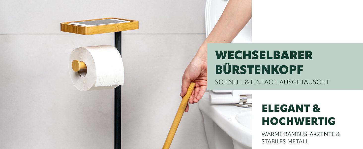 Набір для туалету Eluno 4в1: щітка для унітазу, тримач рулонів, полиця, бамбук/метал (білий)