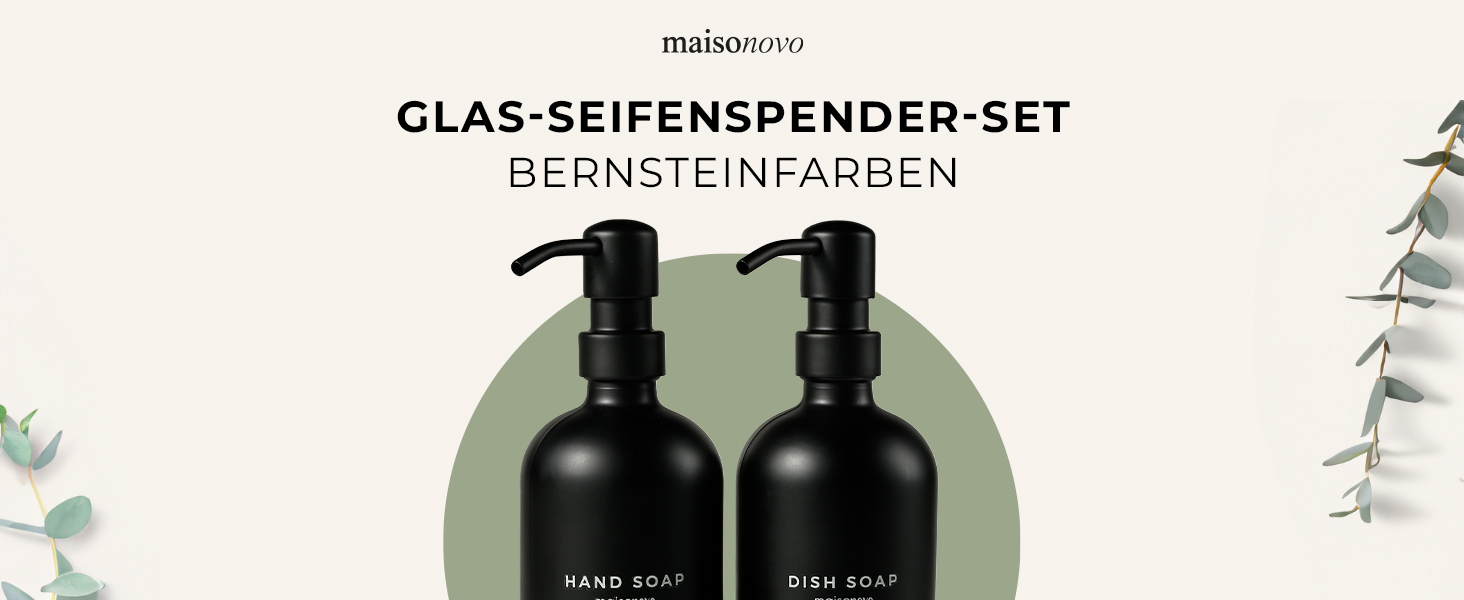 MaisoNovo Soap Dispenser Set - Soap Dispenser Kitchen - 500 ml Amber Bottles, Black Pumps, Glass Pump Dispenser, Soap Dispenser Set, 2-Piece Set and Concrete Tray - Dish Soap Dispenser Kitchen (Black Glass / Black Pump + Slate Tray)
