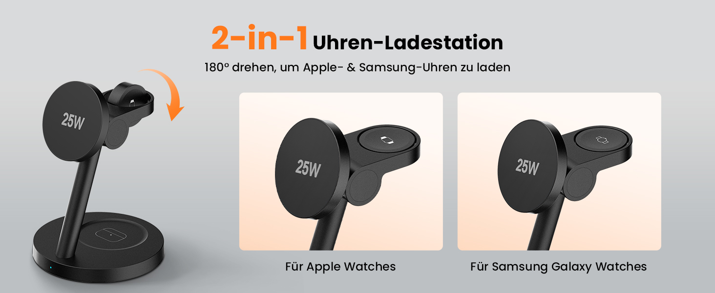 Зарядна станція JoyGeek 3-в-1 MagSafe 25W для iPhone 17/16, Apple Watch, Samsung Watch та AirPods з адаптером 45W (Чорний матовий)