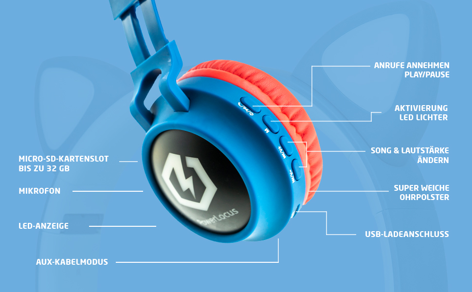 Дитячі навушники PowerLocus Bluetooth Over-Ear з LED-підсвічуванням та обмеженням гучності 85dB, з мікрофоном для телефону, планшета, ПК, ТВ (Синій/Червоний)
