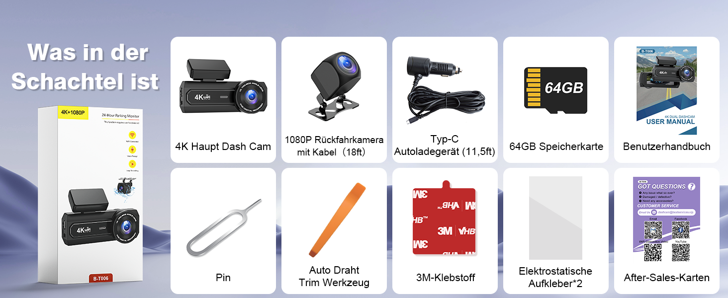 Відеореєстратор Chortau 4K+1080P з WiFi, 64GB, паркувальний режим, Super Night Vision, WDR, 170° та G-Sensor, чорний