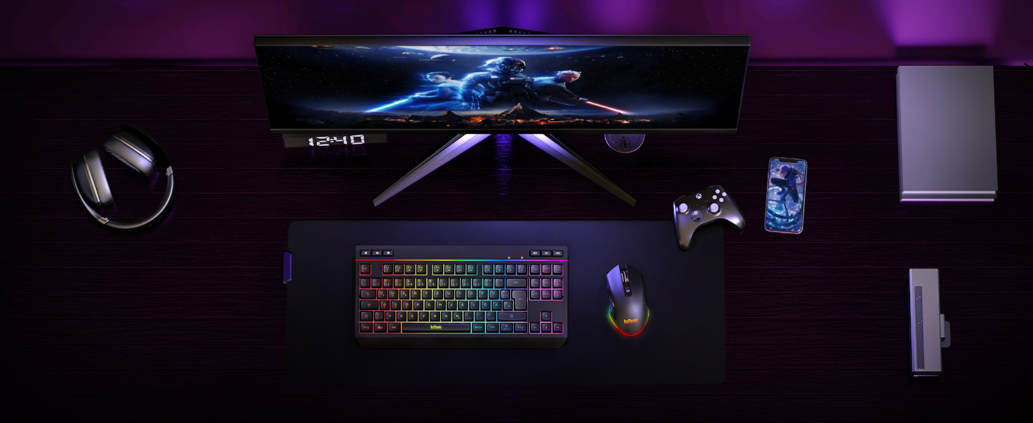 Бездротовий комплект клавіатури та миші RedThunder 75% QWERTZ RGB з підсвічуванням, для ПК Xbox PS5, чорний. Підтримка мультимедійних функцій та оптичний сенсор 7D.