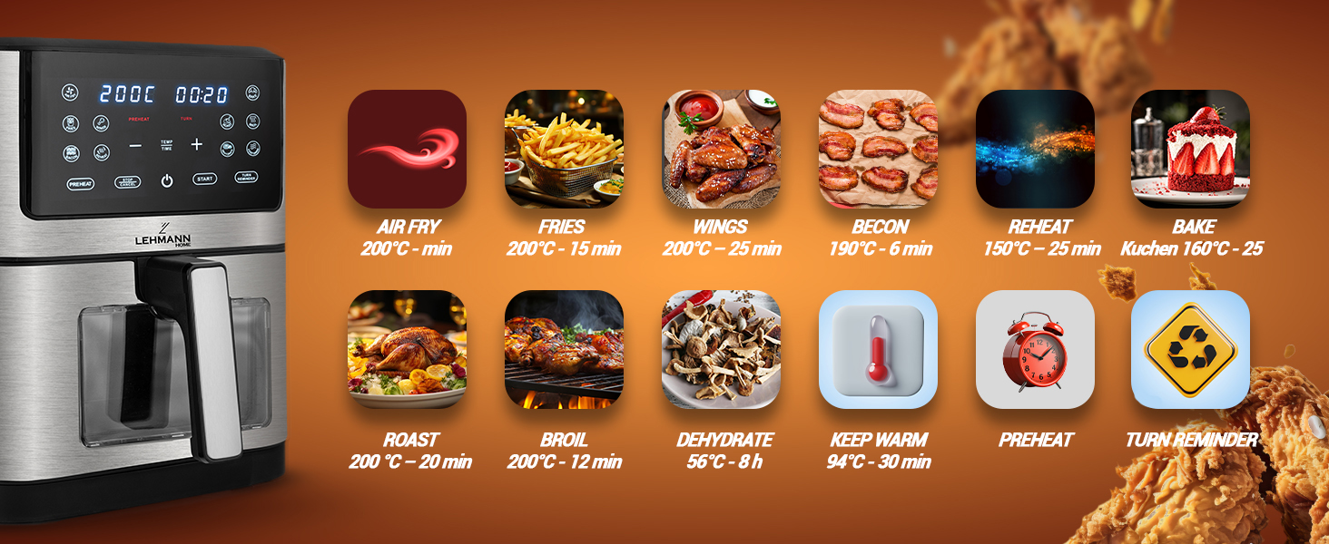 Горизонтальний фритюрник Lehmann 8л, 1800 Вт з оглядовим вікном, регулюванням температури до 200°C, 12 програм, таймером, антипригарним покриттям, для приготування на грилі, випікання та смаження з використанням технології Air Fry