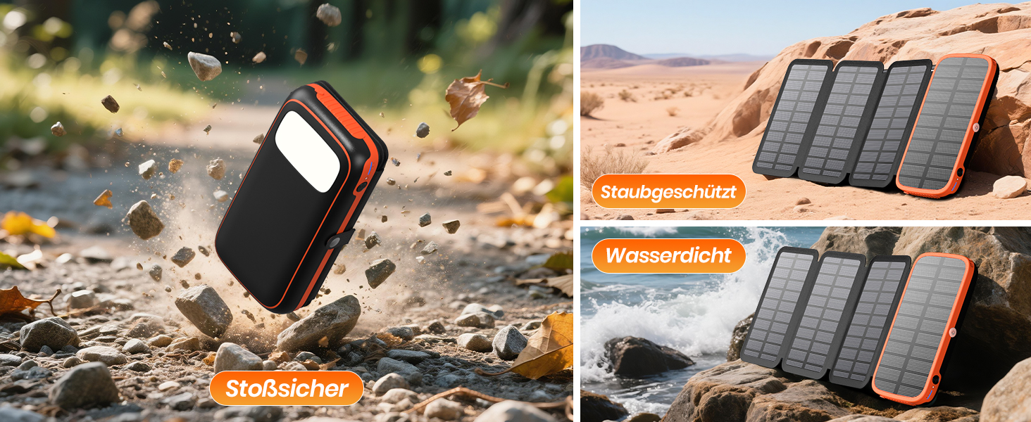 FEELLE Power Bank 27000mAh з сонячною панеллю, USB C PD QC 3.0, 3 USB виходи, ліхтарик, для смартфонів та планшетів