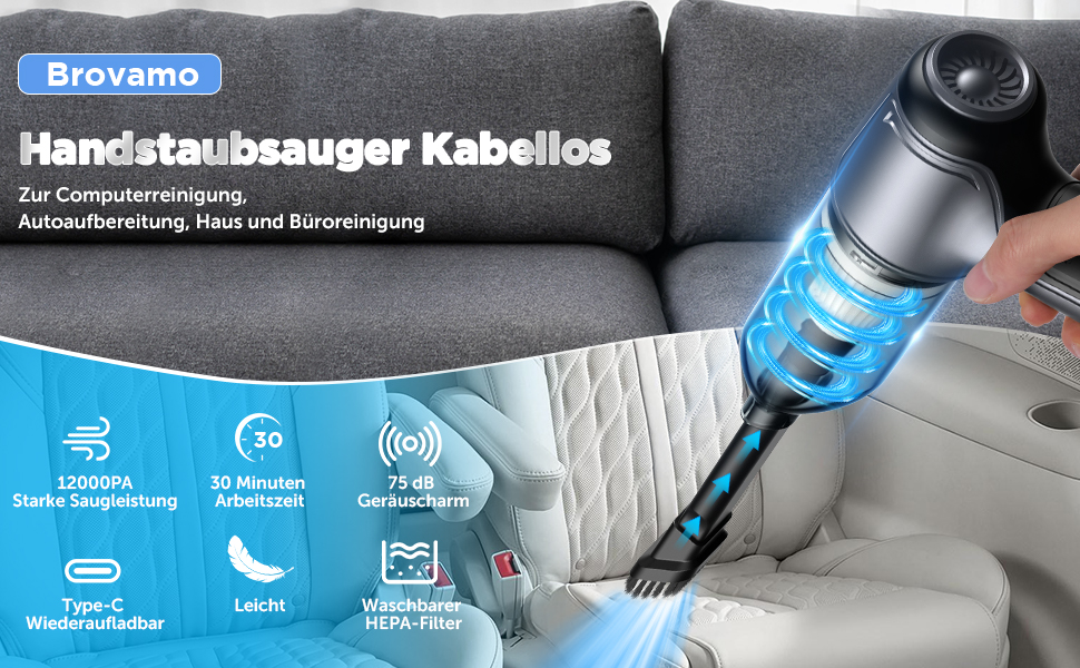 Портативний бездротовий ручний пилосос Brovamo з акумулятором, 12000Pa, для дому, авто, кухні, офісу, видалення шерсті тварин
