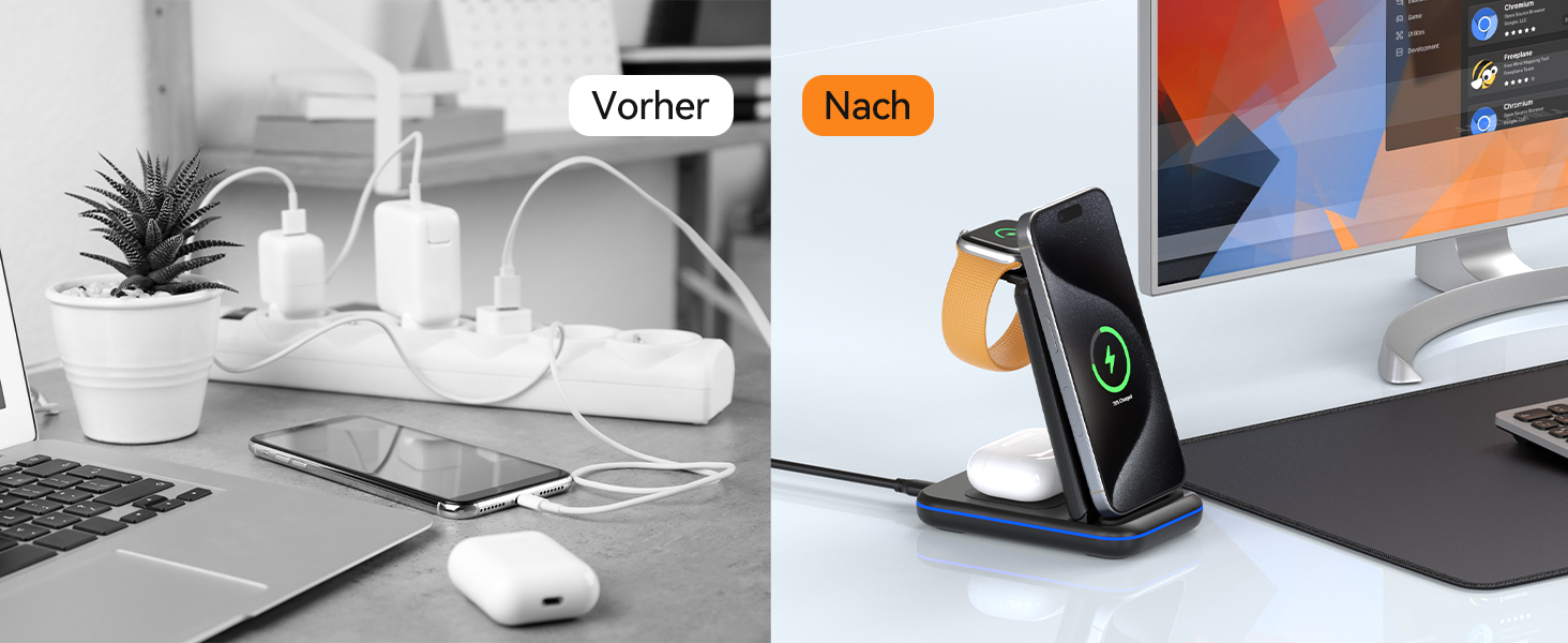 TECKNET Бездротова зарядка 3 в 1, Складна індукційна станція, Швидка зарядка для iPhone 17/16/15/14/13/12/11/Pro Max, Apple Watch Ultra/11-3/SE, AirPods Pro 3-2/4-2, Чорний