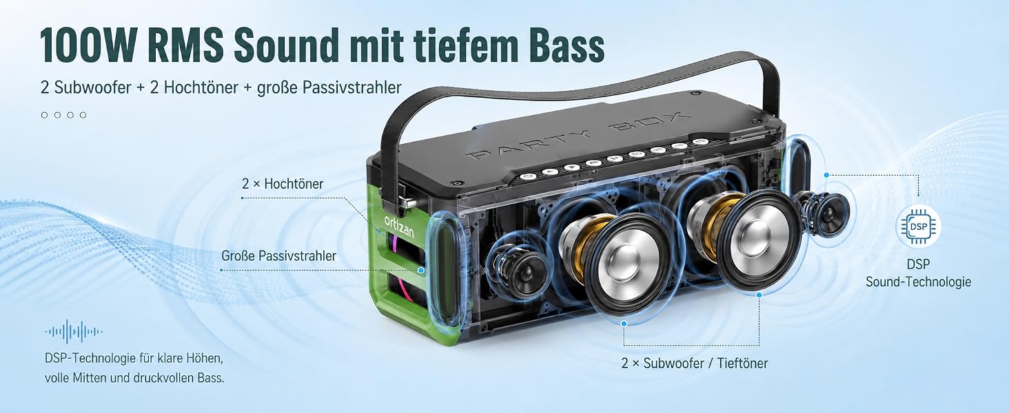 Ortizan Bluetooth колонка портативна 80 Вт, IPX7 водонепроникна, LED підсвітка, 12 год. роботи, Powerbank, стерео-з'єднання, зелено-чорна